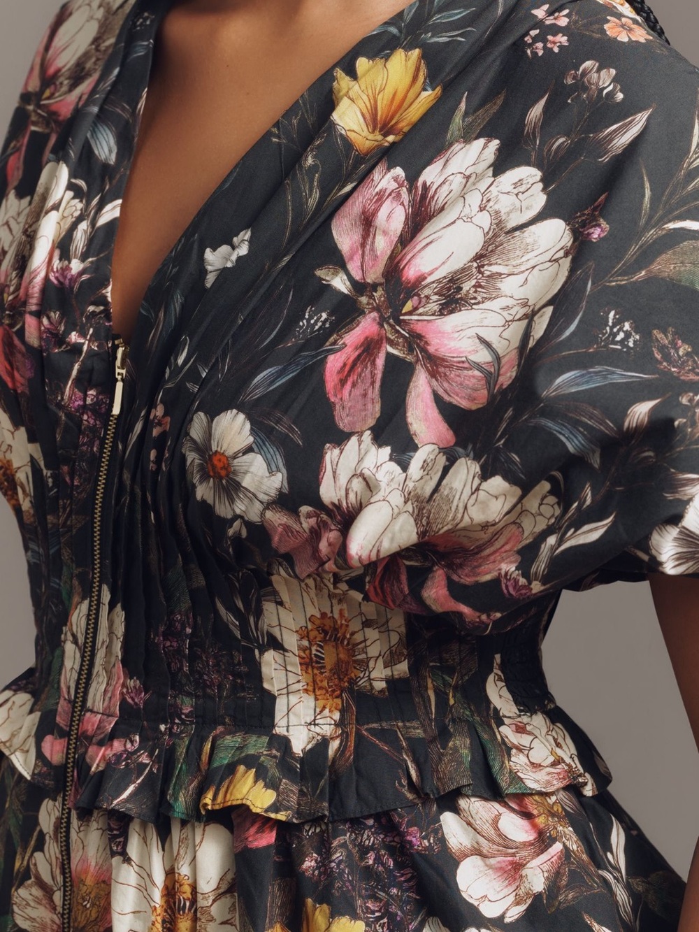 ANTHROPOLOGIE V-Neck Zip Front Midi Dress in Black Colorful Floral - Picture 12 of 13